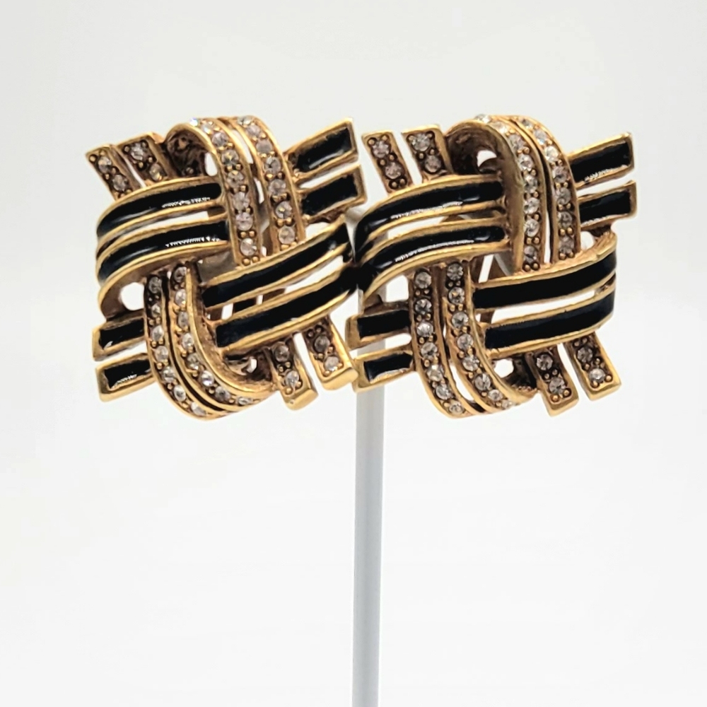 Oscar de la Renta Gold, Black Enamel and Diamond Swarovski Crystal Clip Earrings
